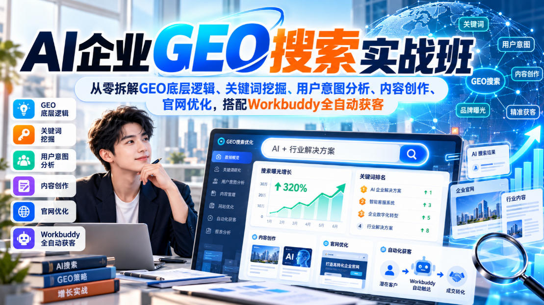 AI企业GEO搜索实战班,从零拆解GEO底层逻辑、关键词挖掘、用户意图分析、内容创作、官网优化,搭配Workbuddy全自动获客-站长V课