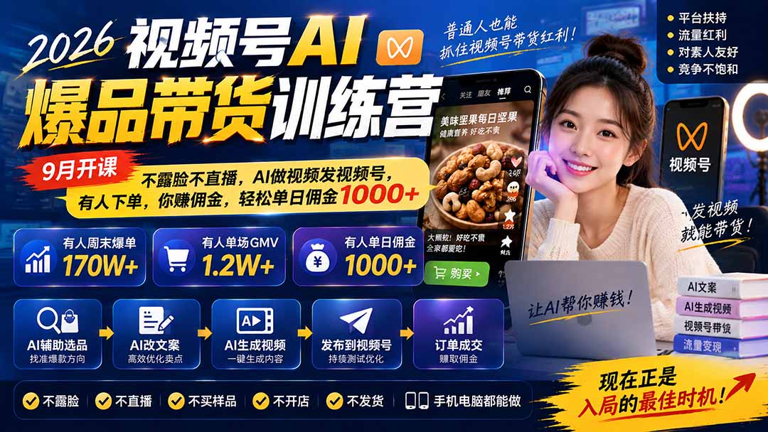 2026视频号AI爆品带货训练营-9月开课|不露脸不直播,AI做视频发视频号,有人下单,你赚佣金,轻松单日佣金1000+-站长V课