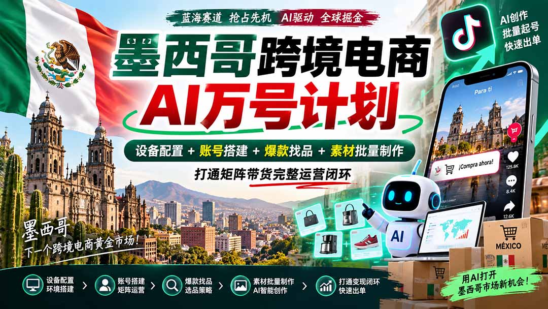 墨西哥AI跨境电商万号计划|设备配置+账号搭建+爆款找品+素材批量制作,打通矩阵带货完整运营闭环-站长V课