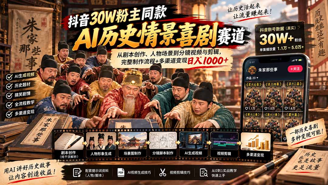 抖音30W粉博主同款AI历史情景喜剧赛道:从剧本创作、人物场景到分镜视频与剪辑,完整制作流程+多渠道变现日入1000+-站长V课