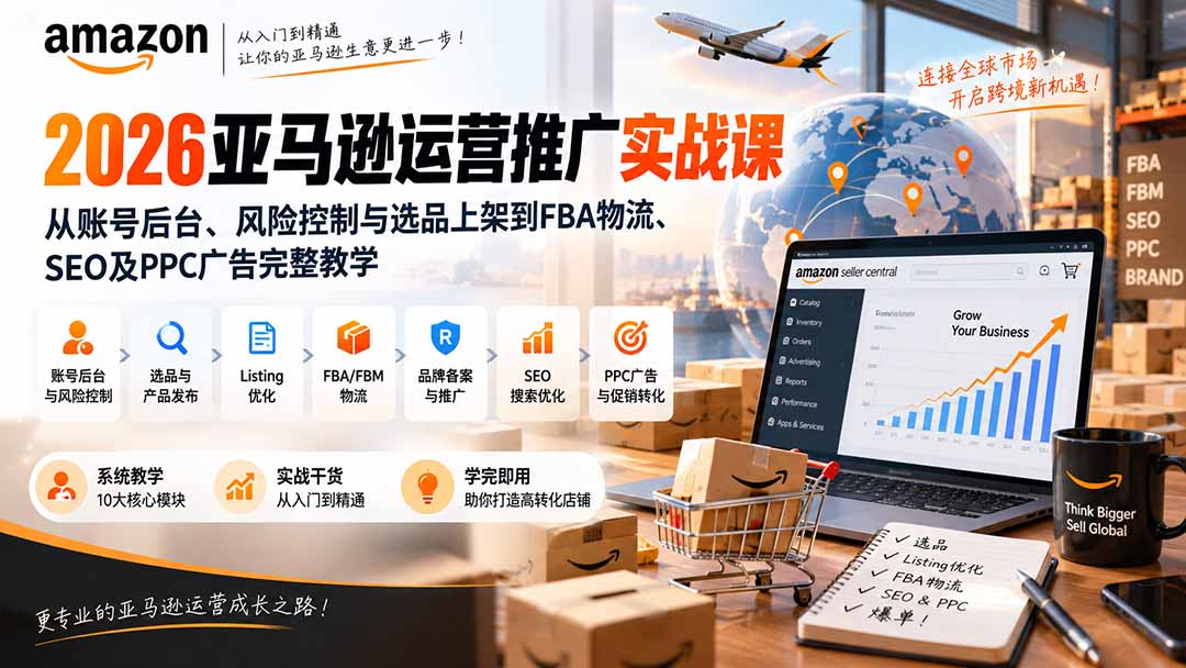 2026亚马逊运营推广实战课：从账号后台、风险控制与选品上架到FBA物流、SEO及PPC广告完整教学-站长V课