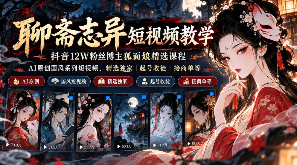聊斋志异短视频教学，抖音12W粉丝博主狐面娘精选课程，AI原创国风系列短视频，精选独家丨起号收徒丨接商单等-站长V课