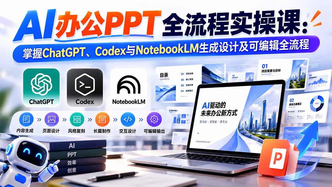 【无水印】AI办公PPT全流程实操课： 掌握ChatGPT、Codex与NotebookLM生成设计及可编辑全流程-站长V课