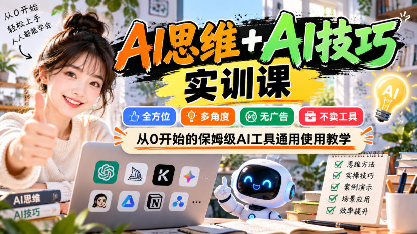 【无水印】AI思维+AI技巧实训课，全方位、多角度、无广告、不卖工具，从0开始的保姆级AI工具通用使用教学-站长V课