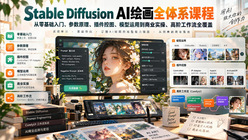 【无水印】Stable Diffusion AI绘画全体系课程，从零基础入门、参数原理、插件控图、模型运用到商业实操、高阶工作流全覆盖-站长V课