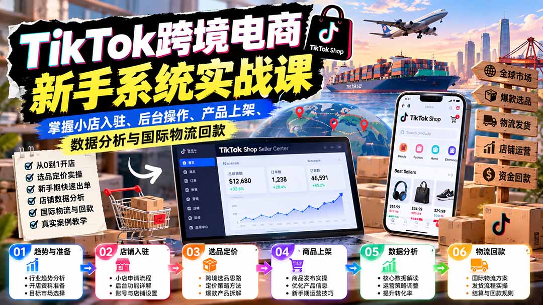 TikTok跨境电商新手系统实战课：掌握小店入驻、后台操作、产品上架、数据分析与国际物流回款-站长V课