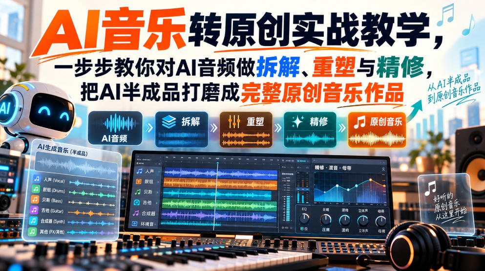 AI音乐转原创实战教学，一步步教你对AI音频做拆解、重塑与精修，把AI半成品打磨成完整原创音乐作品-站长V课