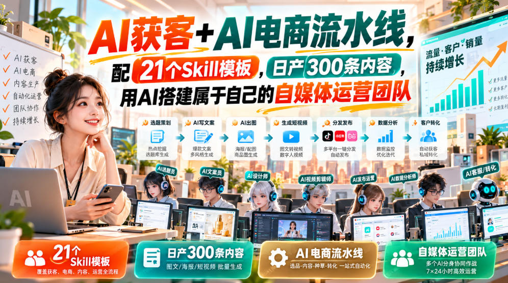 AI获客+AI电商流水线，配21个Skill模板，日产300条内容，用AI搭建属于自己的自媒体运营团队-站长V课