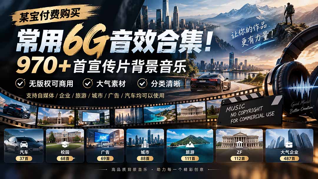 某宝付费购买,常用6G音效合集!970+首宣传片背景音乐,无版权可商用大气素材,分类清晰-站长V课