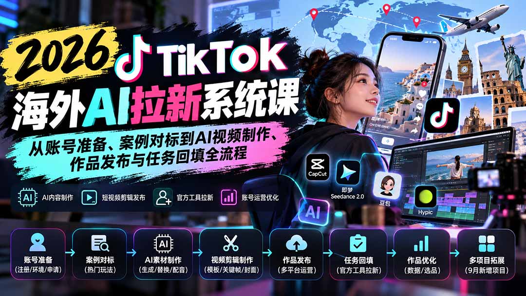 【无水印】2026 TikTok海外AI拉新系统课：从账号准备、案例对标到AI视频制作、作品发布与任务回填全流程-站长V课