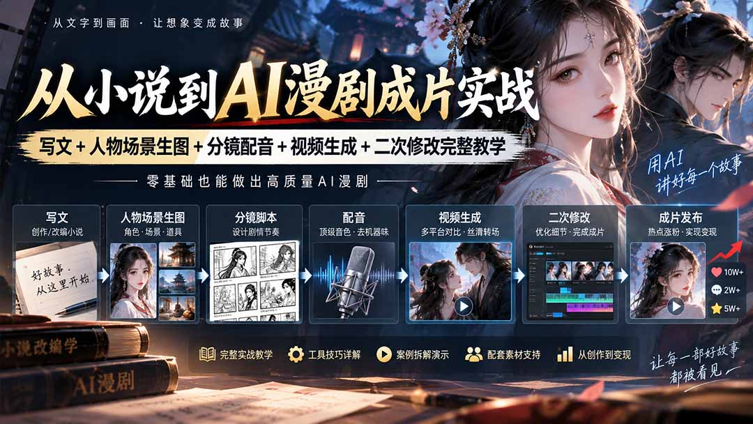 从小说到AI漫剧成片实战:写文+人物场景生图+分镜配音+视频生成+二次修改完整教学-站长V课