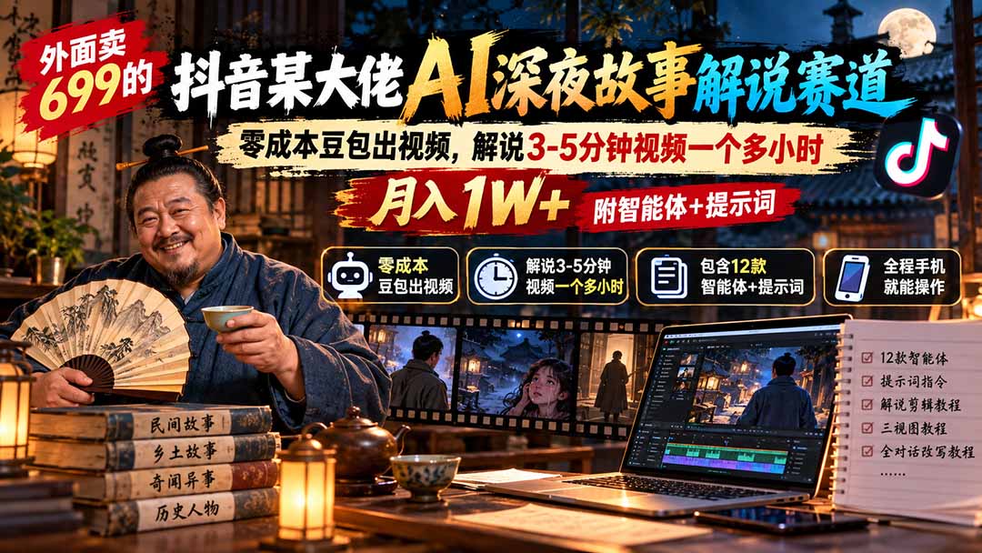 外面卖699的抖音某大佬AI深夜故事解说赛道：零成本豆包出视频，解说3-5分钟视频一个多小时，月入1W+附智能体+提示词-站长V课