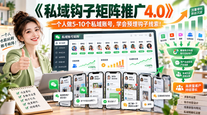 【无水印】《私域钩子矩阵推广4.0》一个人做5-10个私域账号，学会预埋钩子线索！-站长V课
