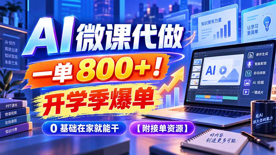 AI 微课代做,一单 800+!开学季爆单,0 基础在家就能干【附接单资源】-站长V课