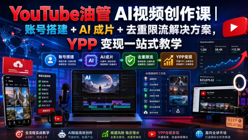 YouTube油管AI视频创作课｜账号搭建+AI成片+去重限流解决方案，YPP变现一站式教学(更新0925)-站长V课