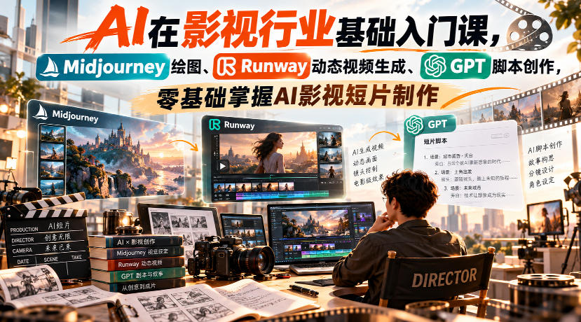 【无水印】AI在影视行业基础入门课，Midjourney绘图、Runway动态视频生成、GPT脚本创作，零基础掌握AI影视短片制作-站长V课