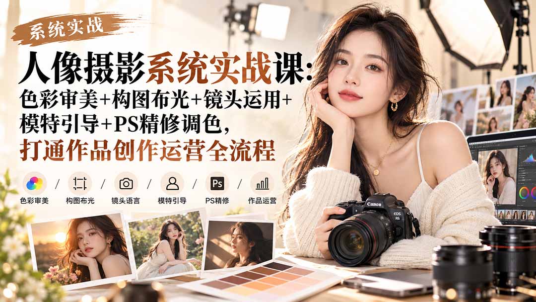 【无水印】人像摄影系统实战课：色彩审美+构图布光+镜头运用+模特引导+PS精修调色，打通作品创作运营全流程-站长V课