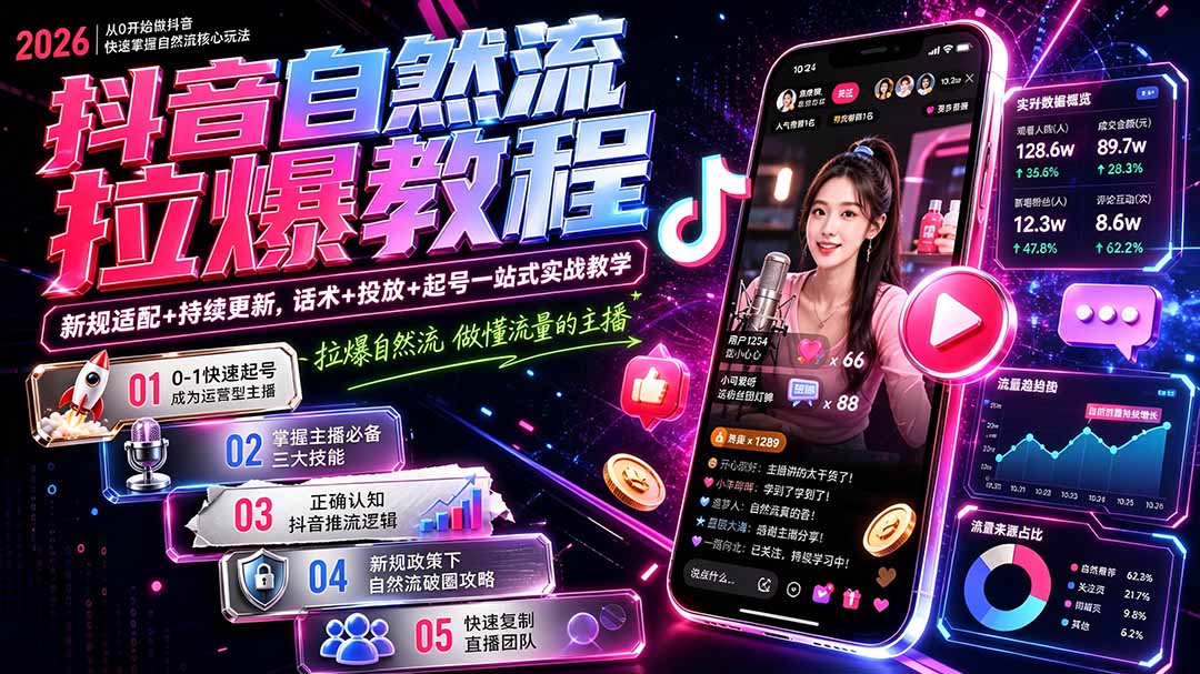 抖音自然流拉爆教程-更新9月:做懂流量的主播,新规适配+持续更新,话术+投放+起号一站式实战教学-站长V课