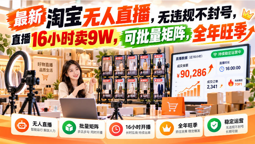 最新淘宝无人直播,无违规不封号,直播16小时卖9W,可批量矩阵,全年旺季【揭秘】-站长V课
