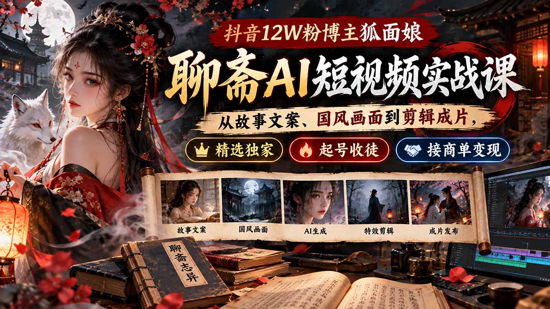 抖音12W粉博主狐面娘-聊斋AI短视频实战课：从故事文案、国风画面到剪辑成片，精选独家+起号收徒+接商单变现-站长V课