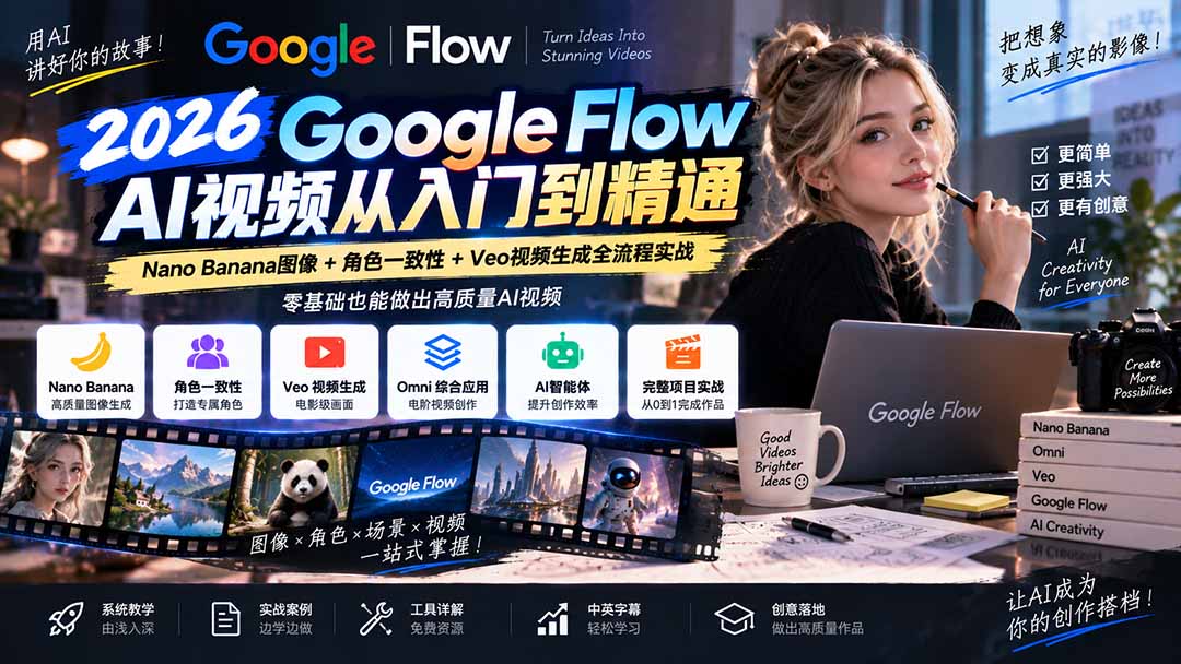 【无水印】Google Flow AI视频从入门到精通:Nano Banana图像+角色一致性+Veo视频生成全流程实战-精翻中英字幕-站长V课