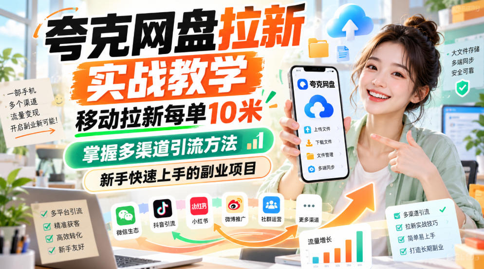 夸克网盘拉新实战教学,移动拉新每单10米,掌握多渠道引流方法,新手快速上手的副业项目-站长V课