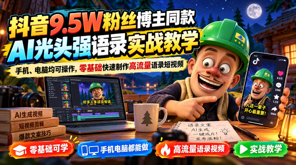 抖音9.5W粉丝博主同款AI光头强语录实战教学，手机、电脑均可操作，零基础快速制作高流量语录短视频-站长V课