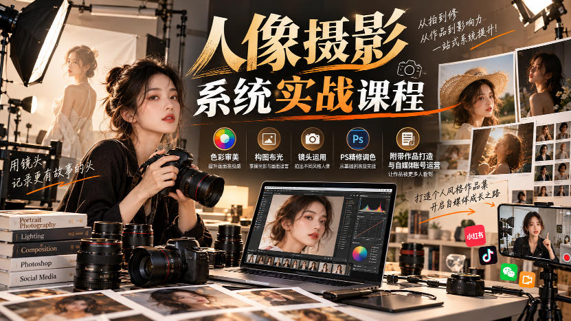 【无水印】人像摄影系统实战课程，色彩审美、构图布光、镜头运用、PS精修调色，附带作品打造与自媒体账号运营-站长V课