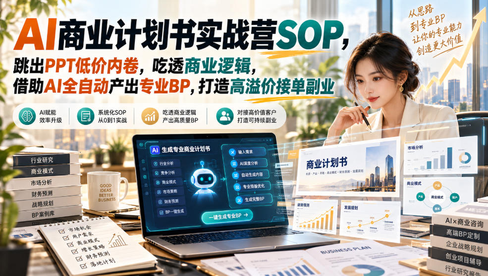 AI商业计划书实战营SOP，跳出PPT低价内卷，吃透商业逻辑，借助AI全自动产出专业BP，打造高溢价接单副业-站长V课
