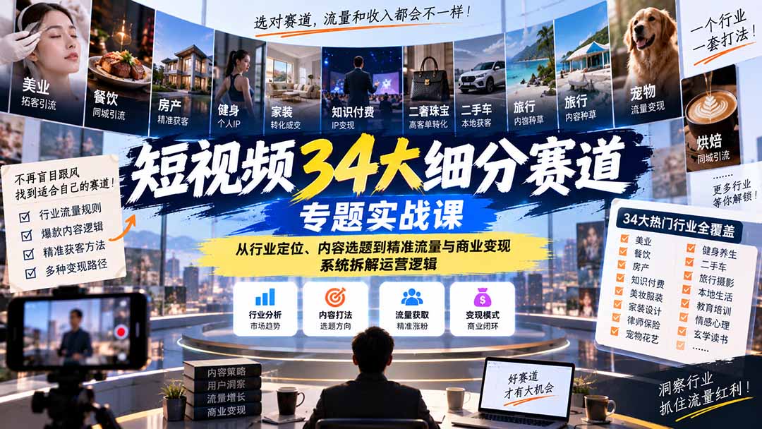 短视频34大细分赛道专题实战课:从行业定位、内容选题到精准流量与商业变现,系统拆解运营逻辑-站长V课