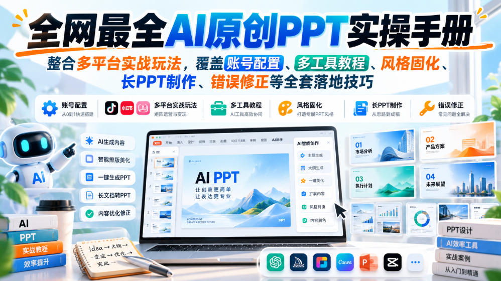 全网最全AI原创PPT实操手册，整合多平台实战玩法，覆盖账号配置、多工具教程、风格固化、长PPT制作、错误修正等全套落地技巧-站长V课