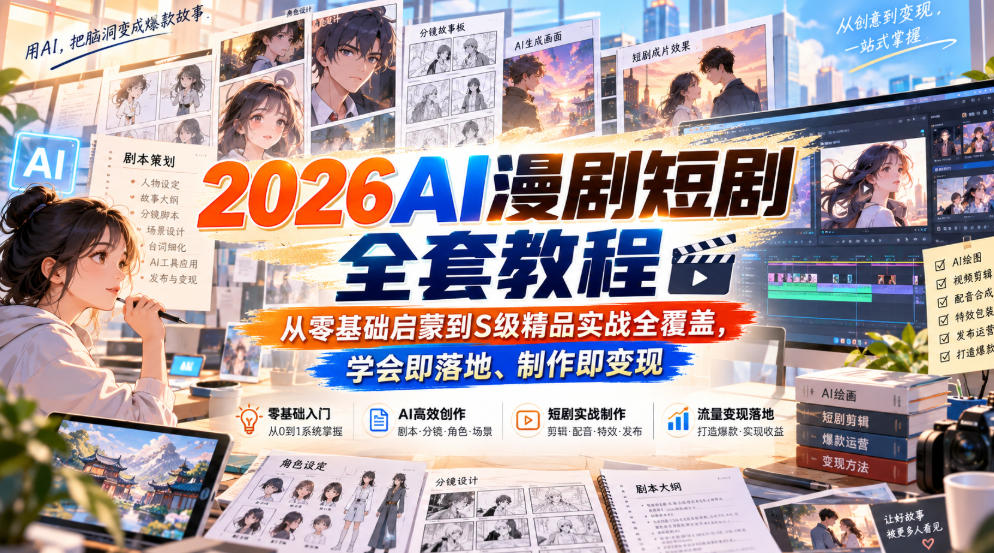 2026AI漫剧短剧全套教程，从零基础启蒙到S级精品实战全覆盖，学会即落地、制作即变现-站长V课