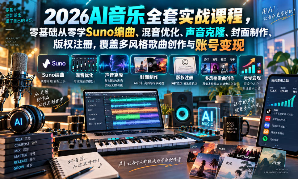 2026AI音乐实战课程，零基础从零学Suno编曲、混音优化、声音克隆、版权注册，覆盖多风格歌曲创作与账号变现(更新0924)-站长V课