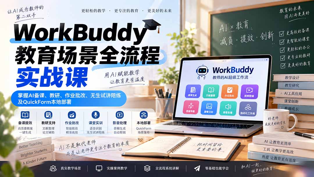WorkBuddy教育场景全流程实战课：掌握AI备课、教研、作业批改、无生试讲陪练及QuickForm本地部署-站长V课