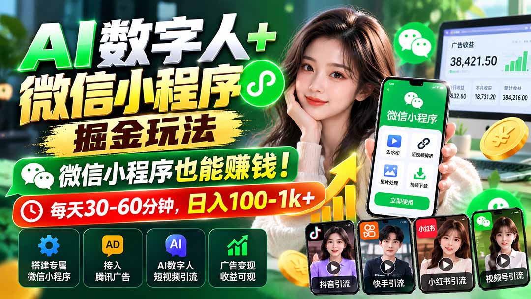 AI数字人+微信小程序掘金玩法：微信小程序也能赚钱！每天30-60分钟，日入100-1k+-站长V课