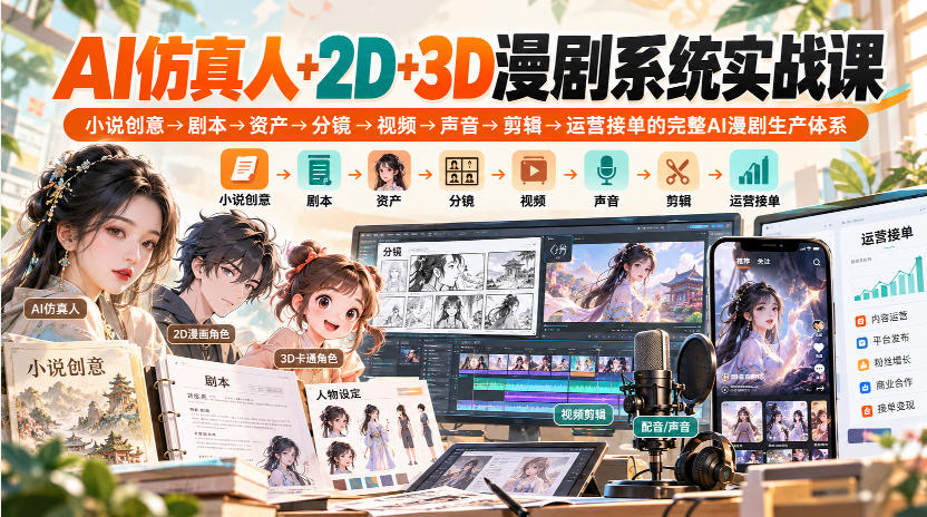 【无水印】AI仿真人+2D+3D漫剧系统实战课，小说创意→剧本→资产→分镜→视频→声音→剪辑→运营接单的完整AI漫剧生产体系-站长V课