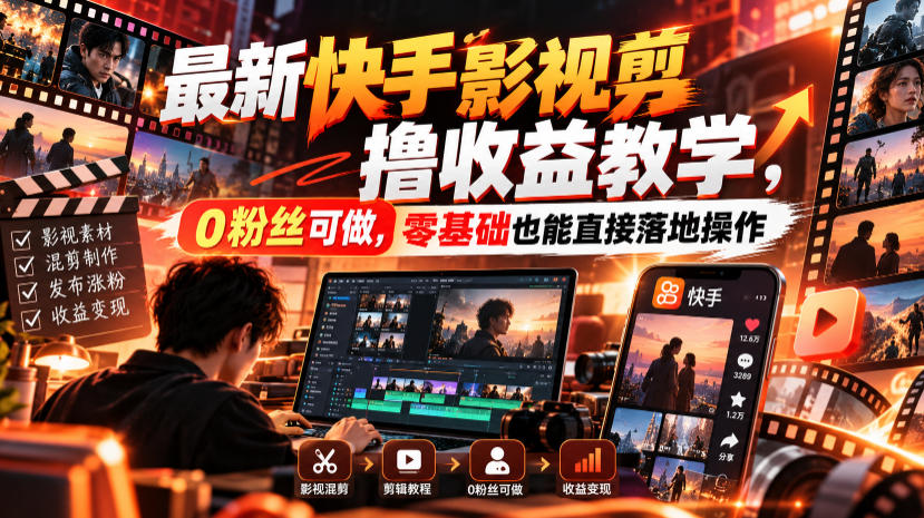 最新快手影视混剪撸收益教学，0粉丝可做，零基础也能直接落地操作-站长V课