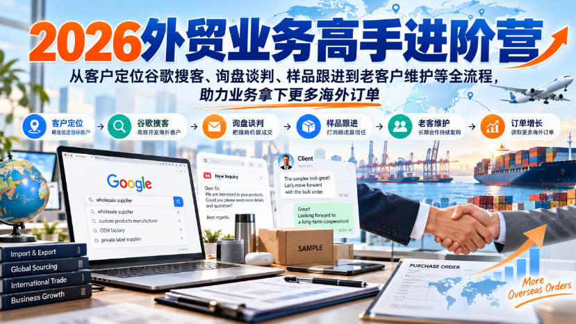 2026外贸业务高手进阶营，从客户定位谷歌搜客、询盘谈判、样品跟进到老客户维护等全流程，助力业务拿下更多海外订单-站长V课