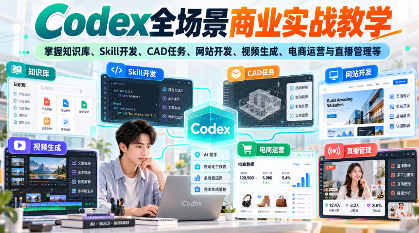 【无水印】Codex全场景商业实战教学，掌握知识库、Skill开发、CAD任务、网站开发、视频生成、电商运营与直播管理等-站长V课