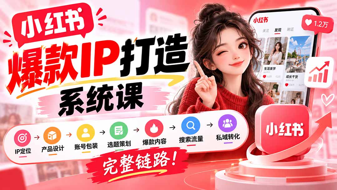 【无水印】小红书爆款IP打造课:IP定位→产品设计→账号包装→选题策划→爆款内容→搜索流量→私域转化,完整链路-站长V课