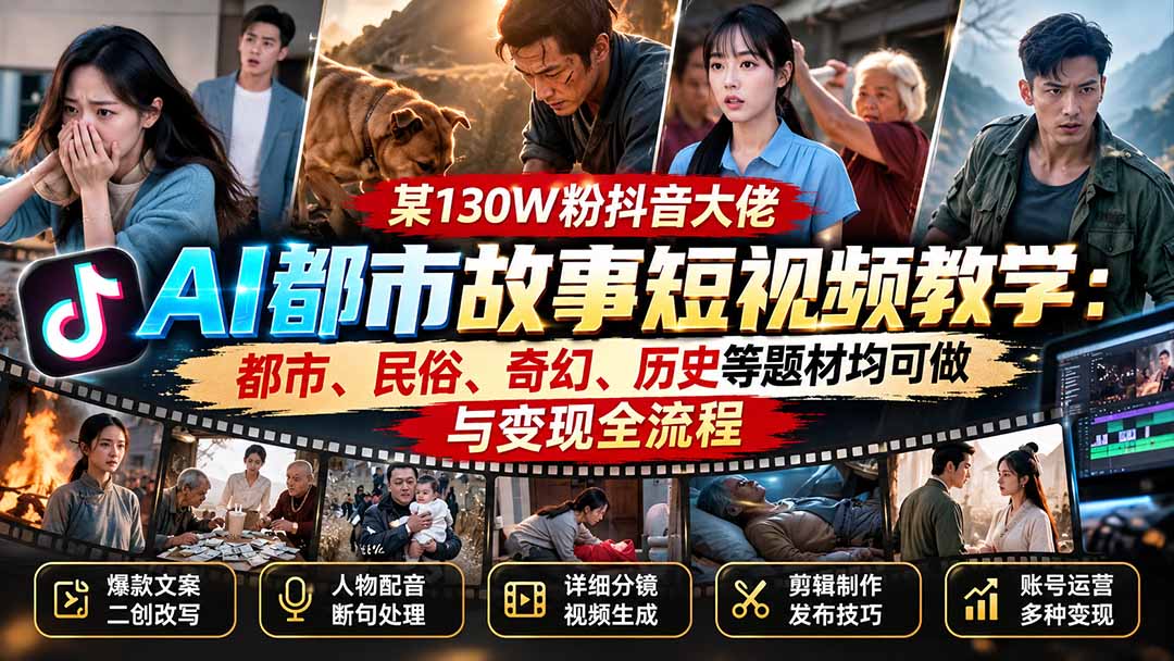 某130W粉抖音大佬AI都市故事短视频教学：都市、民俗、奇幻、历史等题材均可做与变现全流程-站长V课