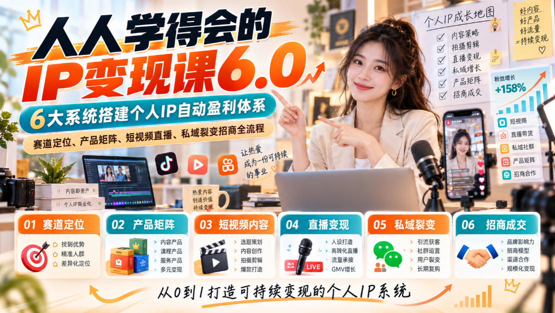 人人学得会的IP变现课6.0,6大系统搭建个人IP自动盈利体系,赛道定位、产品矩阵、短视频直播、私域裂变招商全流程-站长V课