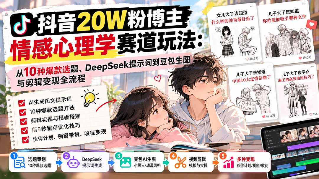 抖音20W粉博主-情感心理学赛道玩法：从10种爆款选题、DeepSeek提示词到豆包生图与剪辑变现全流程-站长V课