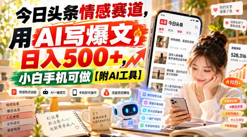 今日头条情感赛道，用AI写爆文，日入500+，小白手机可做【附AI工具】-站长V课