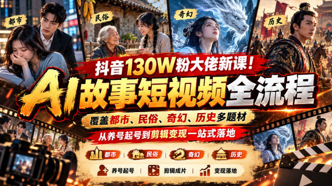 抖音130W粉大佬新课！AI故事短视频全流程，覆盖都市、民俗、奇幻、历史多题材，从养号起号到剪辑变现一站式落地-站长V课