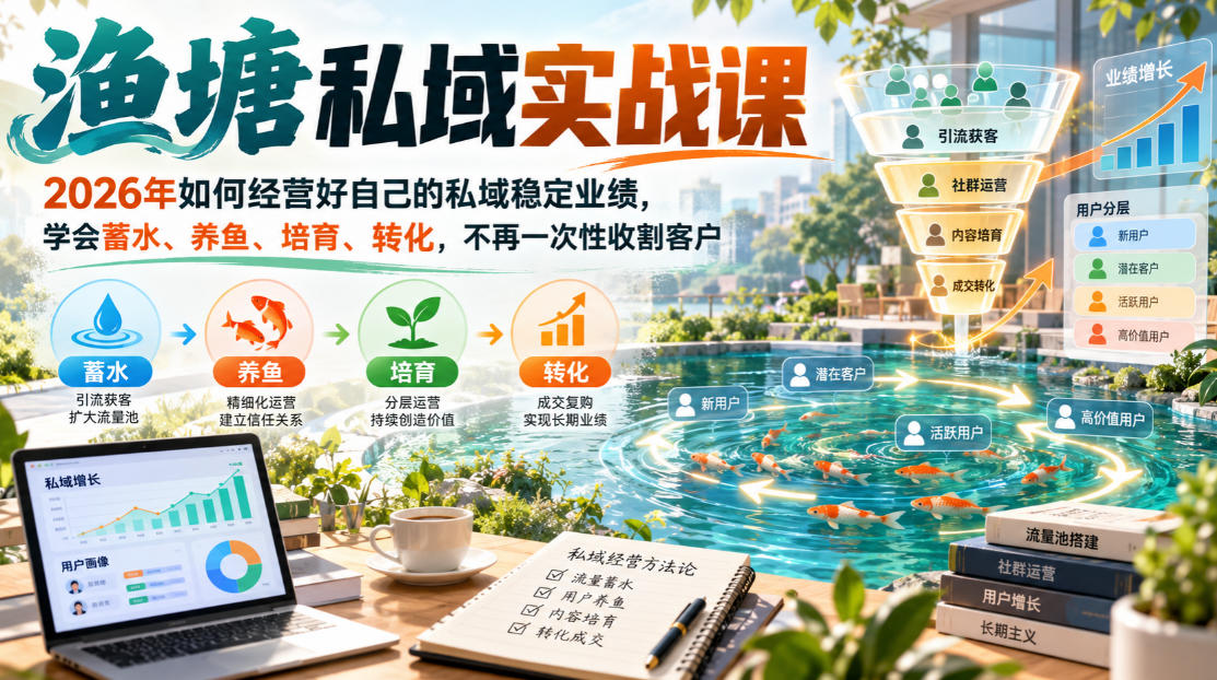 渔塘私域实战课,2026年如何经营好自己的私域稳定业绩,学会蓄水、养鱼、培育、转化,不再一次性收割客户-站长V课