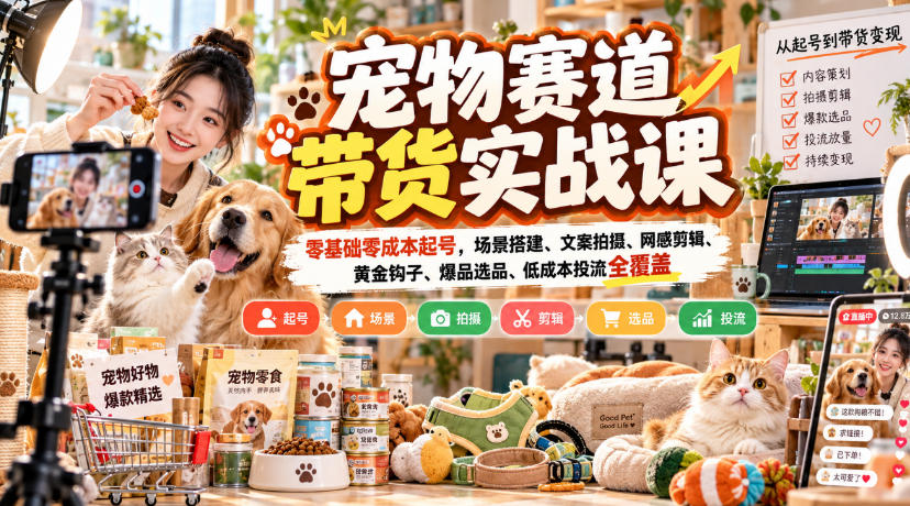 宠物赛道带货实战课，零基础零成本起号，场景搭建、文案拍摄、网感剪辑、黄金钩子、爆品选品、低成本投流全覆盖-站长V课