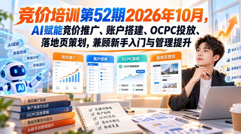 【无水印】竞价培训第52期2026年10月,AI赋能竞价推广、账户搭建、OCPC投放、落地页策划,兼顾新手入门与管理提升-站长V课
