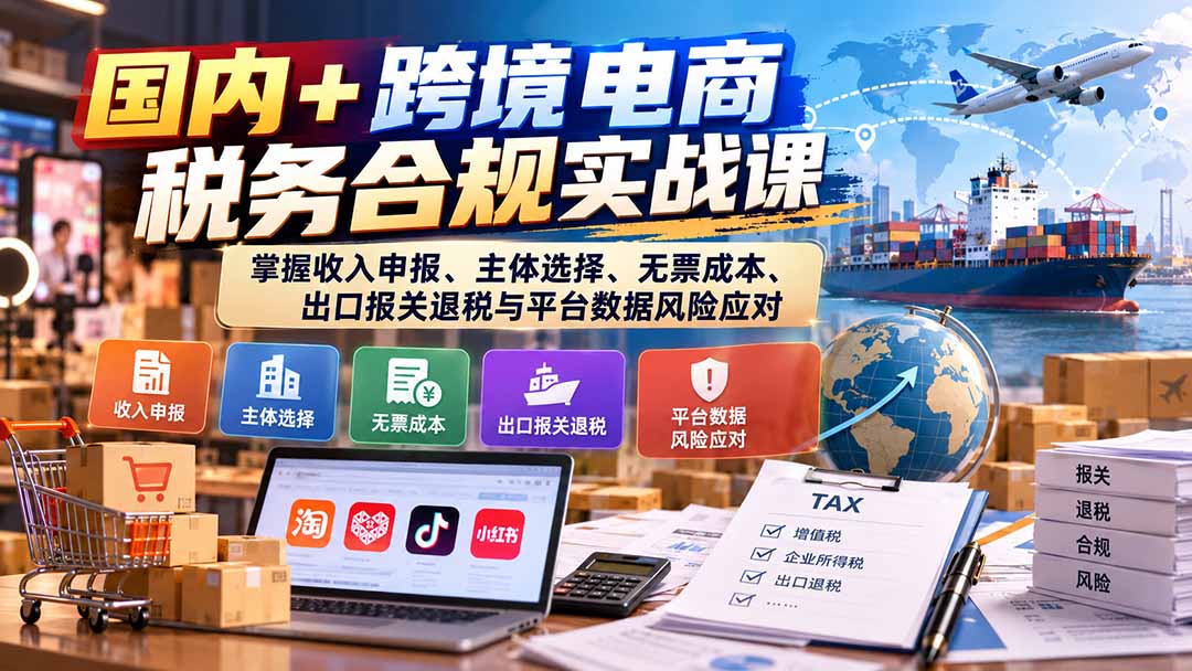 国内+跨境电商税务合规实战课：掌握收入申报、主体选择、无票成本、出口报关退税与平台数据风险应对-站长V课