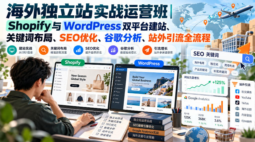海外独立站实战运营班｜Shopify与WordPress双平台建站、关键词布局、SEO优化、谷歌分析、站外引流全流程-站长V课